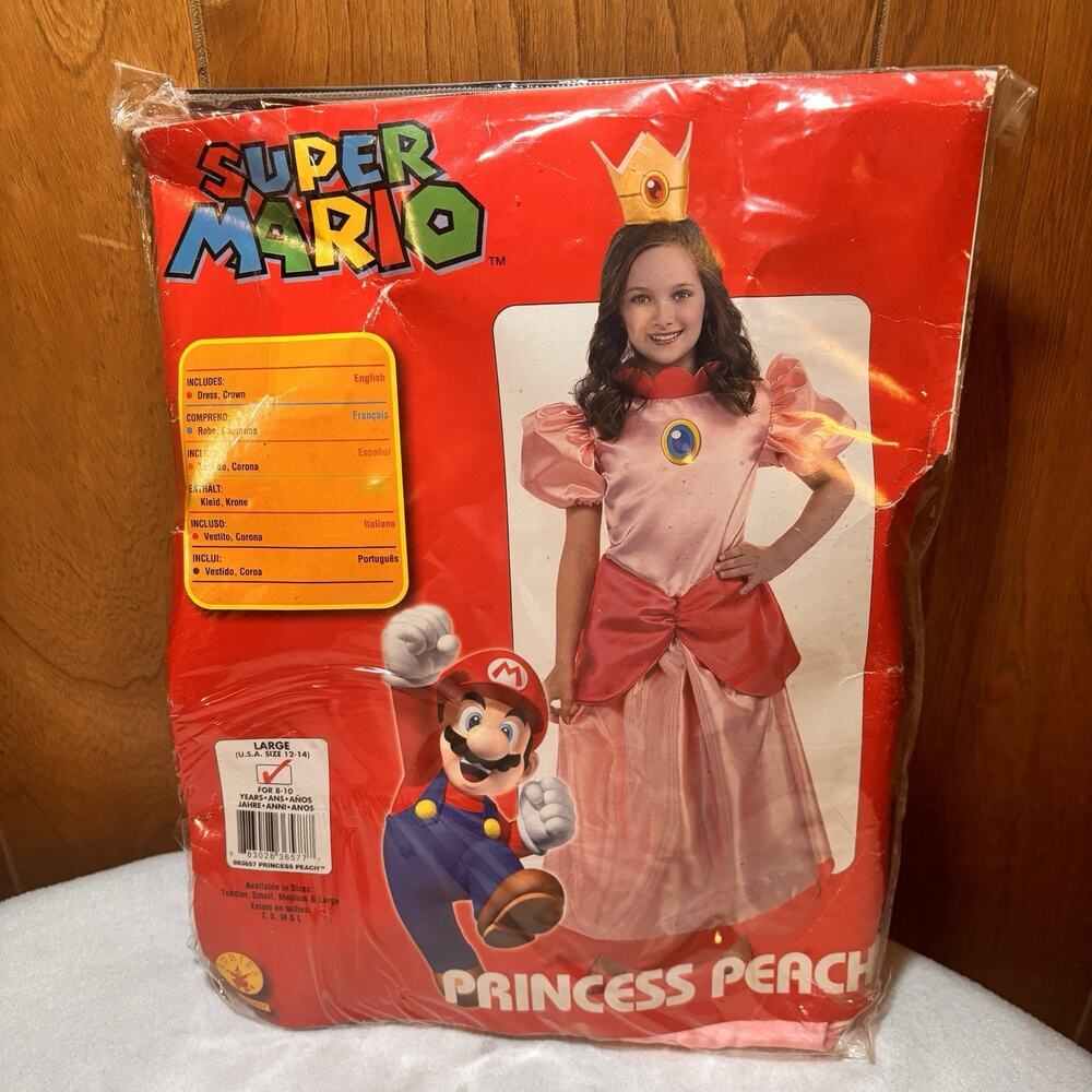 Super Mario Princess Peach Costume Girls Large 12-14 Rubie’s Dress Crown